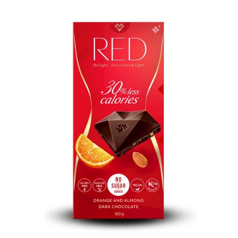 RED DELIGHT Czekolada ciemna z pomarańczą i migdałami 100g bez dodatku cukru, 30% mniej kalorii