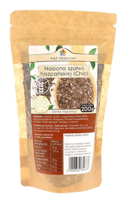PIĘĆ PRZEMIAN Chia 200g - nasiona szałwii hiszpańskiej bezglutenowe
