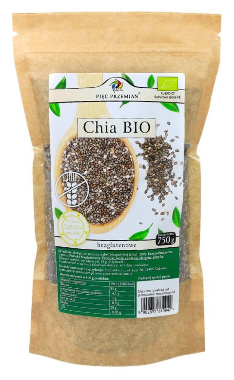 PIĘĆ PRZEMIAN Chia BIO 750g - nasiona szałwii hiszpańskiej bezglutenowe