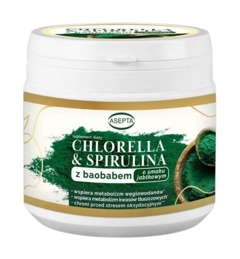 ASEPTA Chlorella & spirulina z baobabem o smaku jabłkowym 150g