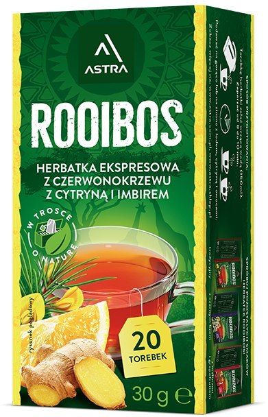 ROOIBOS herbatka z czerwonokrzewu z cytryną i imbirem 20*1,5g ASTRA