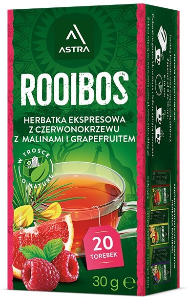 ROOIBOS herbatka z czerwonokrzewu z malinami i grapefruitem 20*1,5g ASTRA
