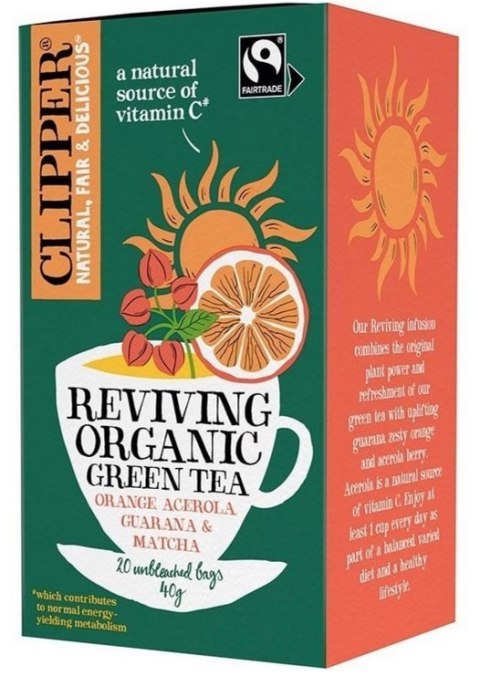 CLIPPER Herbata Zielona Reviving z acerolą, guaraną i matchą FAIR TRADE BIO 20*2g