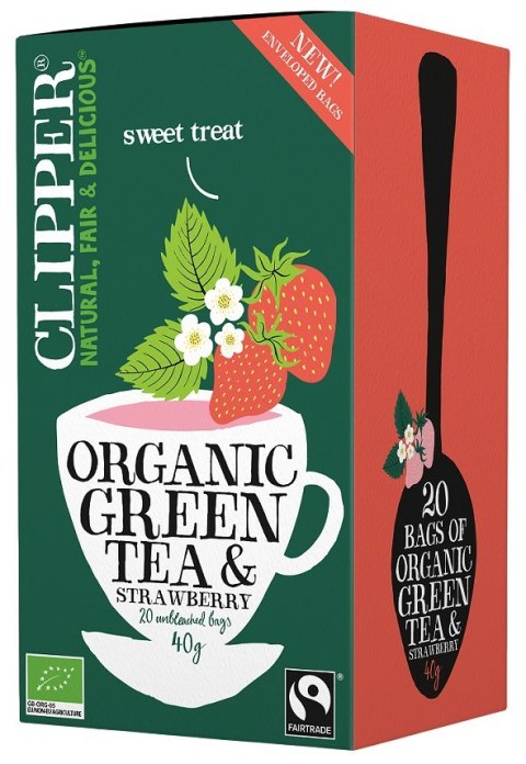 CLIPPER Herbata Zielona z truskawką FAIR TRADE BIO 20*2g