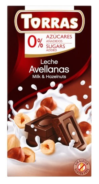 TORRAS Czekolada mleczna z orzechami laskowymi bez dodatku cukru bezglutenowa 75g
