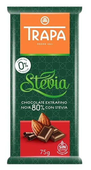 TRAPA Stevia Czekolada gorzka 80% kakao bez dodatku cukru bezglutenowa 75g
