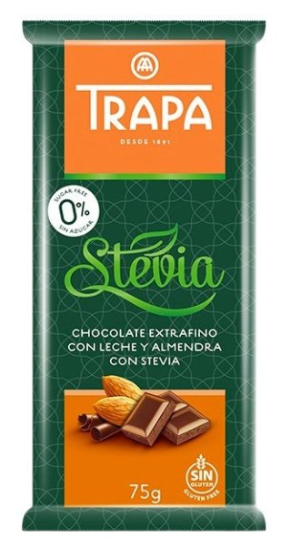 TRAPA Stevia Czekolada mleczna z migdałami bez dodatku cukru bezglutenowa 75g