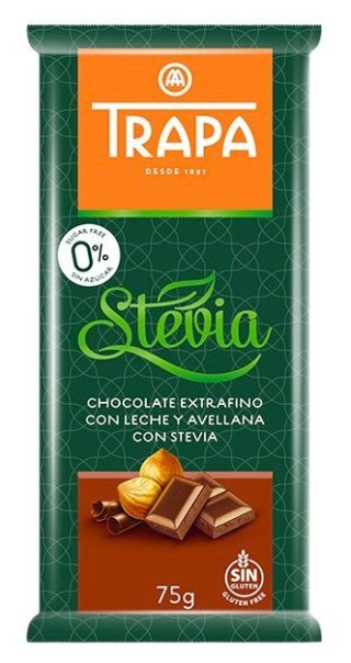 TRAPA Stevia Czekolada mleczna z orzechami laskowymi bez dodatku cukru bezglutenowa 75g