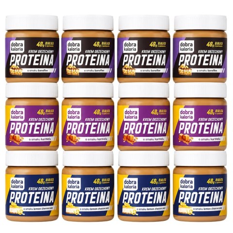 DOBRA KALORIA Krem orzechowy PROTEINA MIX 12 sztuk x 200g (4 x banoffee + 4 x karmel + 4 x lemon cheesecake)