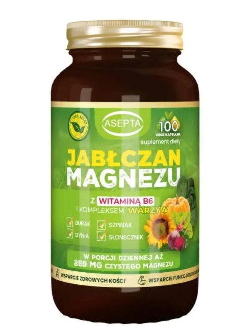 ASEPTA Jabłczan magnezu z witaminą B6 i kompleksem warzyw 100 kaps.