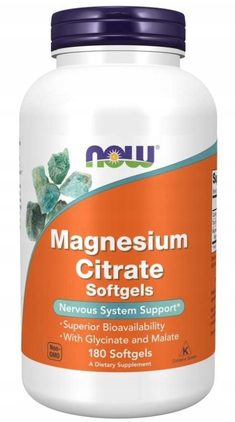 NOW FOODS Magnesium Citrate Softgels 180 sgels. - cytrynian, diglicynian i jabłczan magnezu