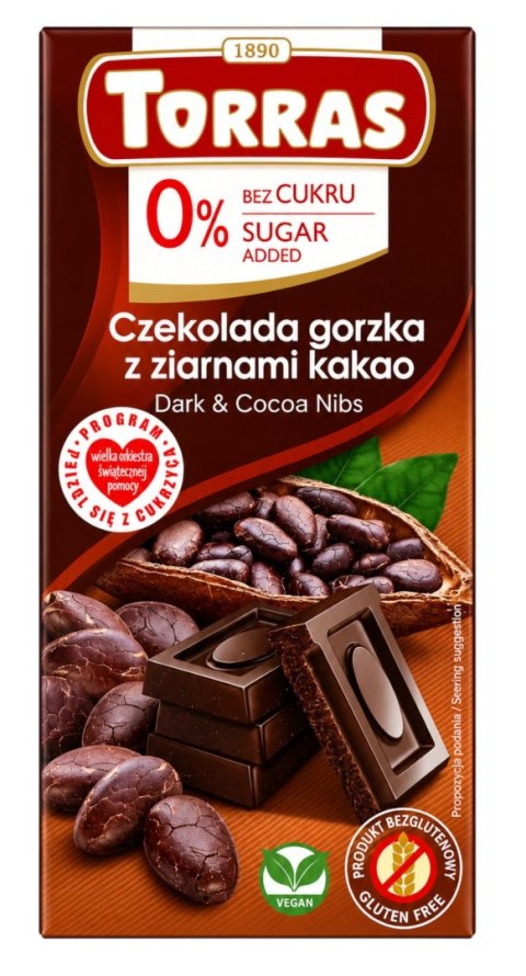TORRAS Czekolada gorzka z ziarnami kakao bez dodatku cukru bezglutenowa 75g