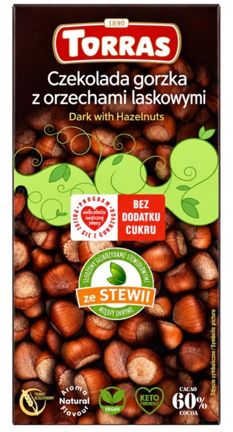 TORRAS STEVIA Czekolada gorzka z orzechami laskowymi ze stewią bez dodatku cukru bezglutenowa 125g