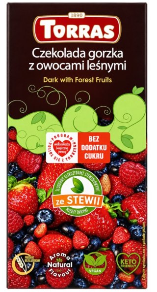 TORRAS STEVIA Czekolada gorzka z owocami leśnymi ze stewią bez dodatku cukru bezglutenowa 125g