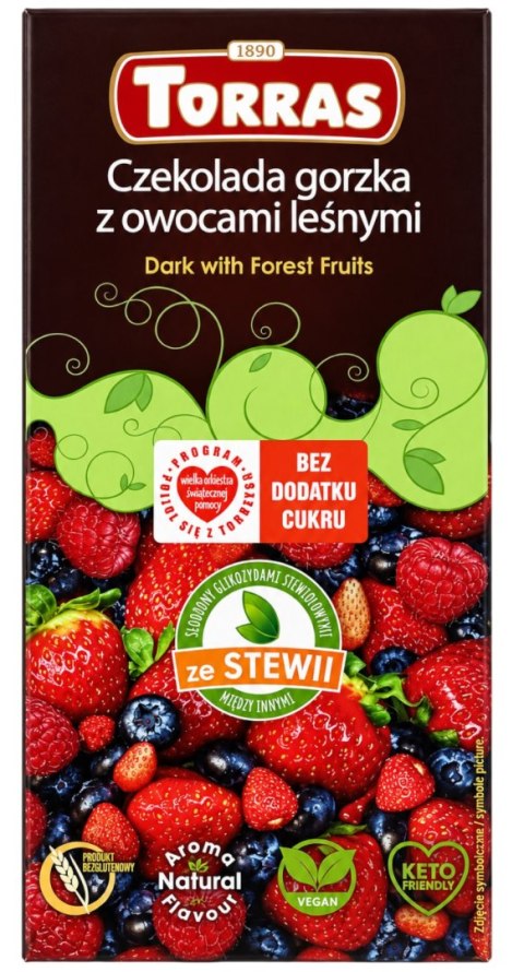 TORRAS STEVIA Czekolada gorzka z owocami leśnymi ze stewią bez dodatku cukru bezglutenowa 125g
