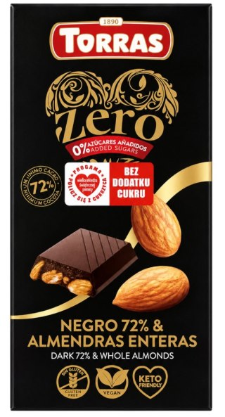 TORRAS ZERO Czekolada gorzka 72% z migdałami bez dodatku cukru bezglutenowa 150g