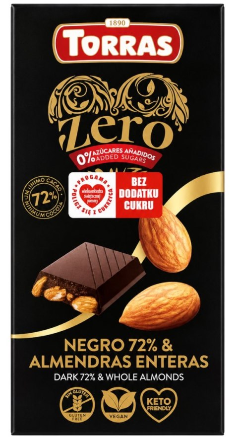 TORRAS ZERO Czekolada gorzka 72% z migdałami bez dodatku cukru bezglutenowa 150g