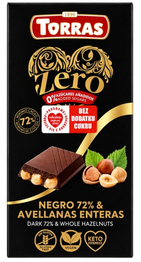 TORRAS ZERO Czekolada gorzka 72% z orzechami laskowymi bez dodatku cukru bezglutenowa 150g