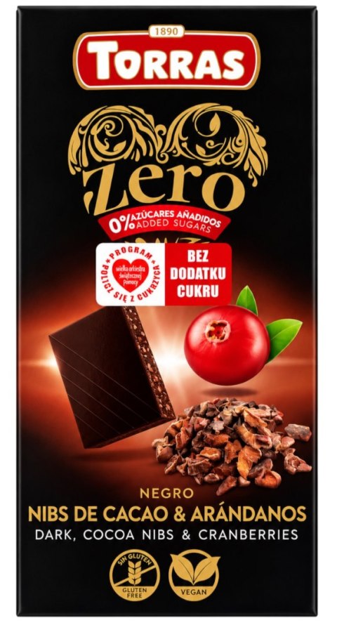 TORRAS ZERO Czekolada gorzka z ziarnami kakao i żurawiną bez dodatku cukru bezglutenowa 125g